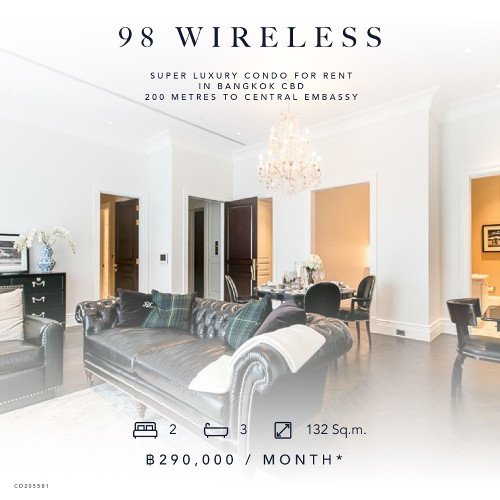 For RentCondoWitthayu, Chidlom, Langsuan, Ploenchit : 98Wireless - Luxury Condo for Rent In the heart of Witthayu Road, large room, 132 sq. m.