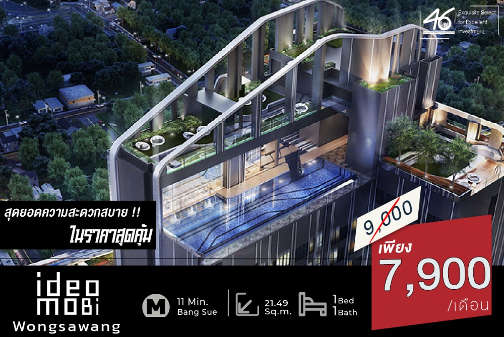 ให้เช่าคอนโดบางซื่อ วงศ์สว่าง เตาปูน : ให้เช่าคอนโด ideo mobi wongsawang 1 ห้องนอน 21.49 ตร.ม. คอนโดตกแต่งพร้อมอยู่ ราคาดี  46HLR180466027