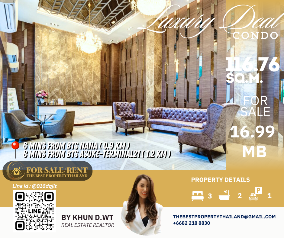 For SaleCondoNana, North Nana,Sukhumvit13, Soi Nana : Sell Condo near BTS Asoke 3mins Interlux13 Large 3BED size 116.76 sqm 16.80 MB