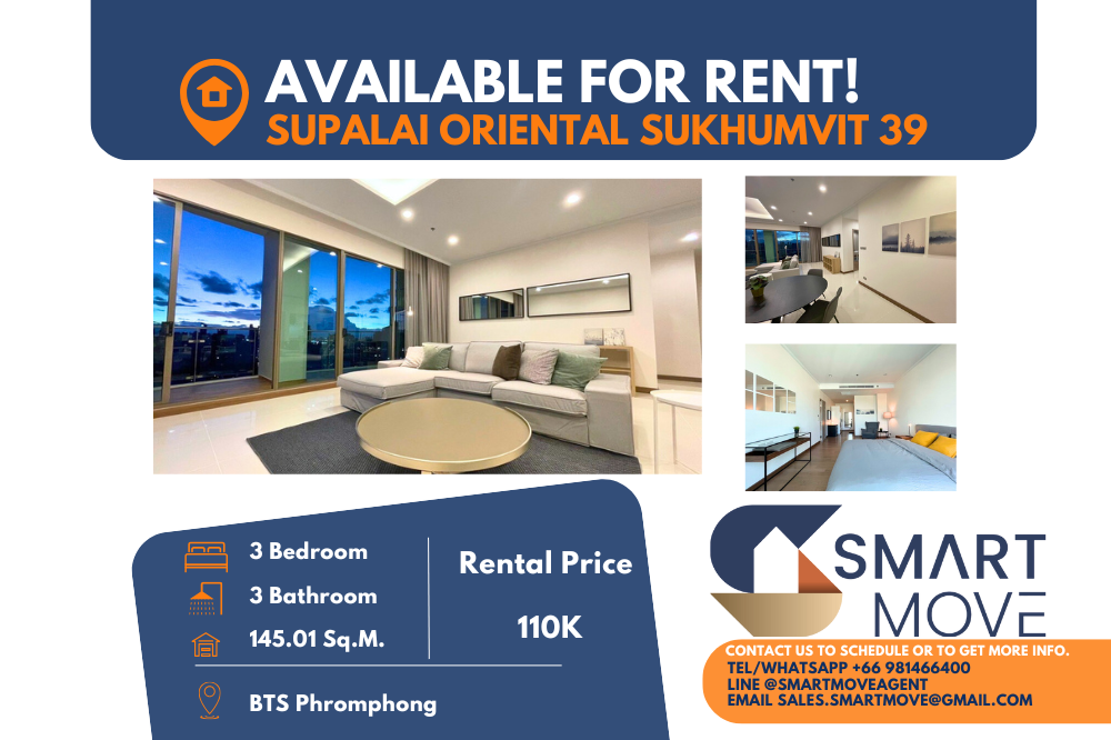 For RentCondoSukhumvit, Asoke, Thonglor : Code C20240800103..........Supalai Oriental Sukhumvit 39 for rent, 3 bedrooms, 3 bathrooms, high floor, furnished, ready to move in