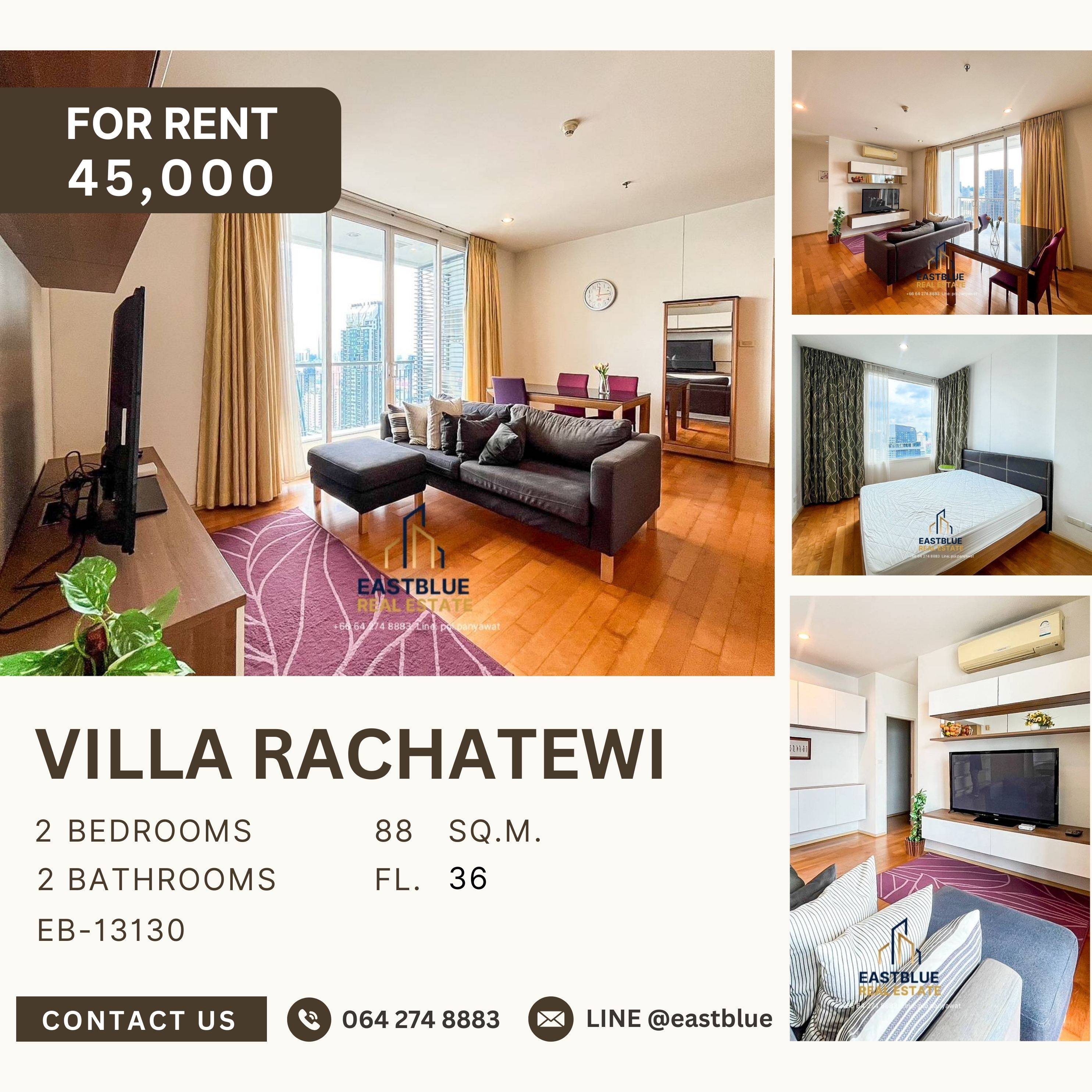 ให้เช่าคอนโดราชเทวี พญาไท : เช่าคอนโด Villa Rachatewi 2 นอน 2 น้ำ 88 ตร.ม. ใกล้ BTS ราชเทวี ราคาเพียง 45,000 บ./ด. พร้อมสิ่งอำนวยความสะดวกครบครัน!