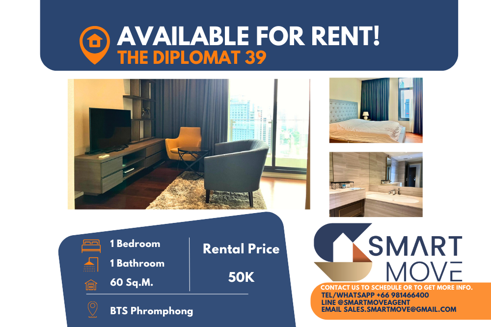 For RentCondoSukhumvit, Asoke, Thonglor : 🔥🔥FOR RENT !! 🔥🔥Code C20230100899..........The Diplomat 39, 1 bedroom, 1 bathroom, South Facing, high floor 22+, furnished, With bathtub, ready to move in, Ultimate Luxury Class!!📢📢