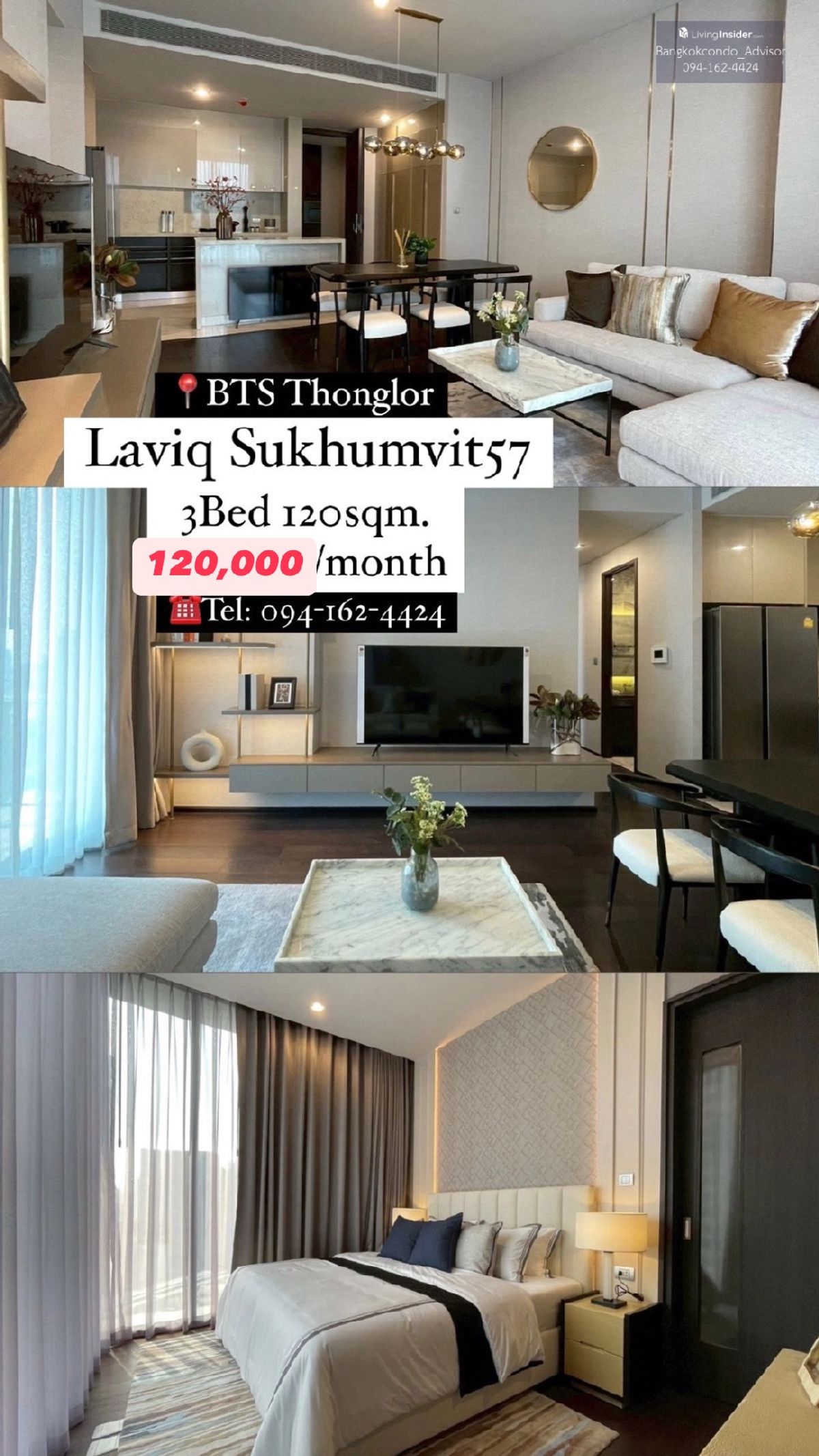 ให้เช่าคอนโดสุขุมวิท อโศก ทองหล่อ : LAVIQ Sukhumvit 57 @BTS THONGLOR,, Big 3Bedrooms 130,000 ☎️Tel/Line: 094-162-4424