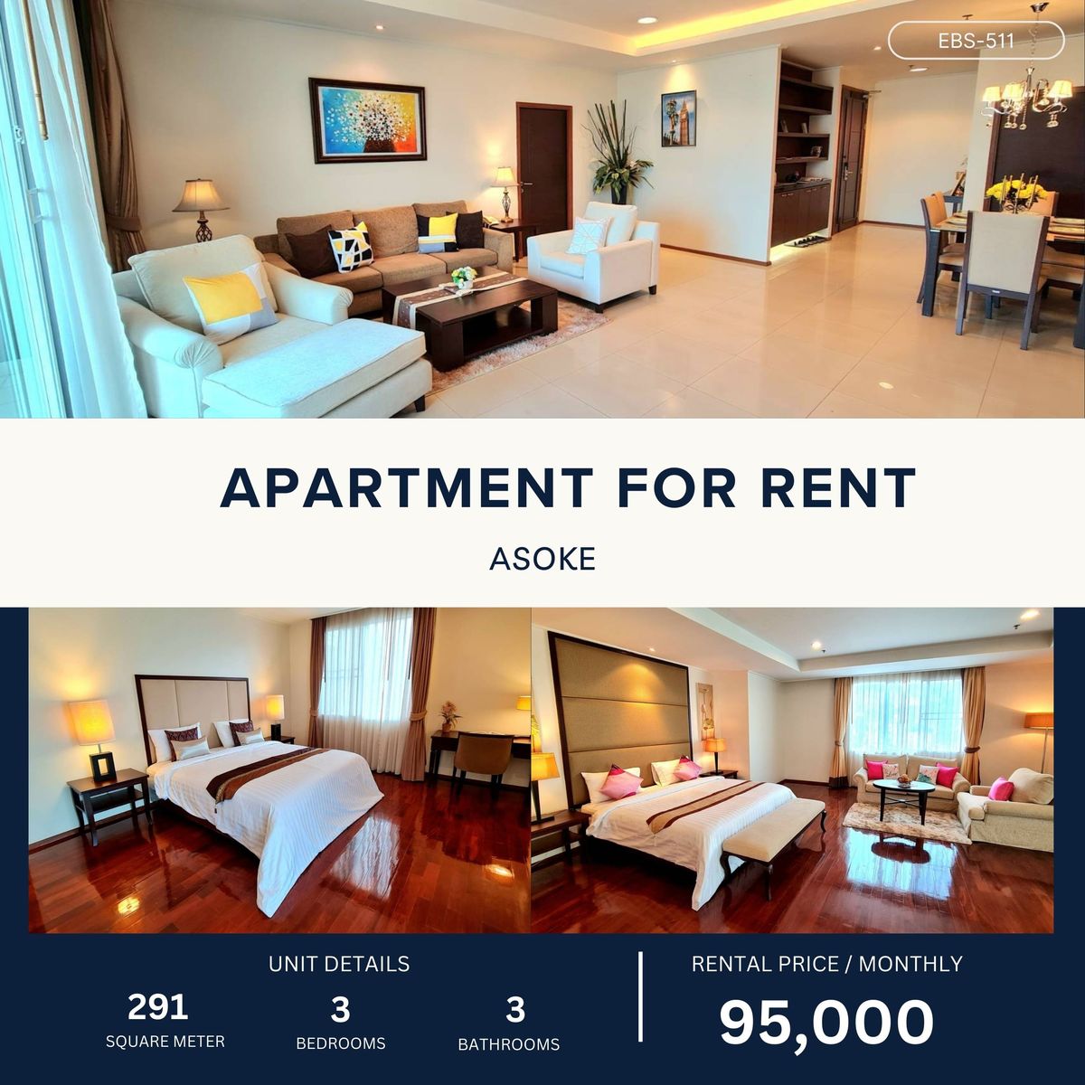 For RentSukhumvit, Asoke, Thonglor : European - Modern Thai Style Apartment in the Heart of Asoke 2B 291 SQM 95,000