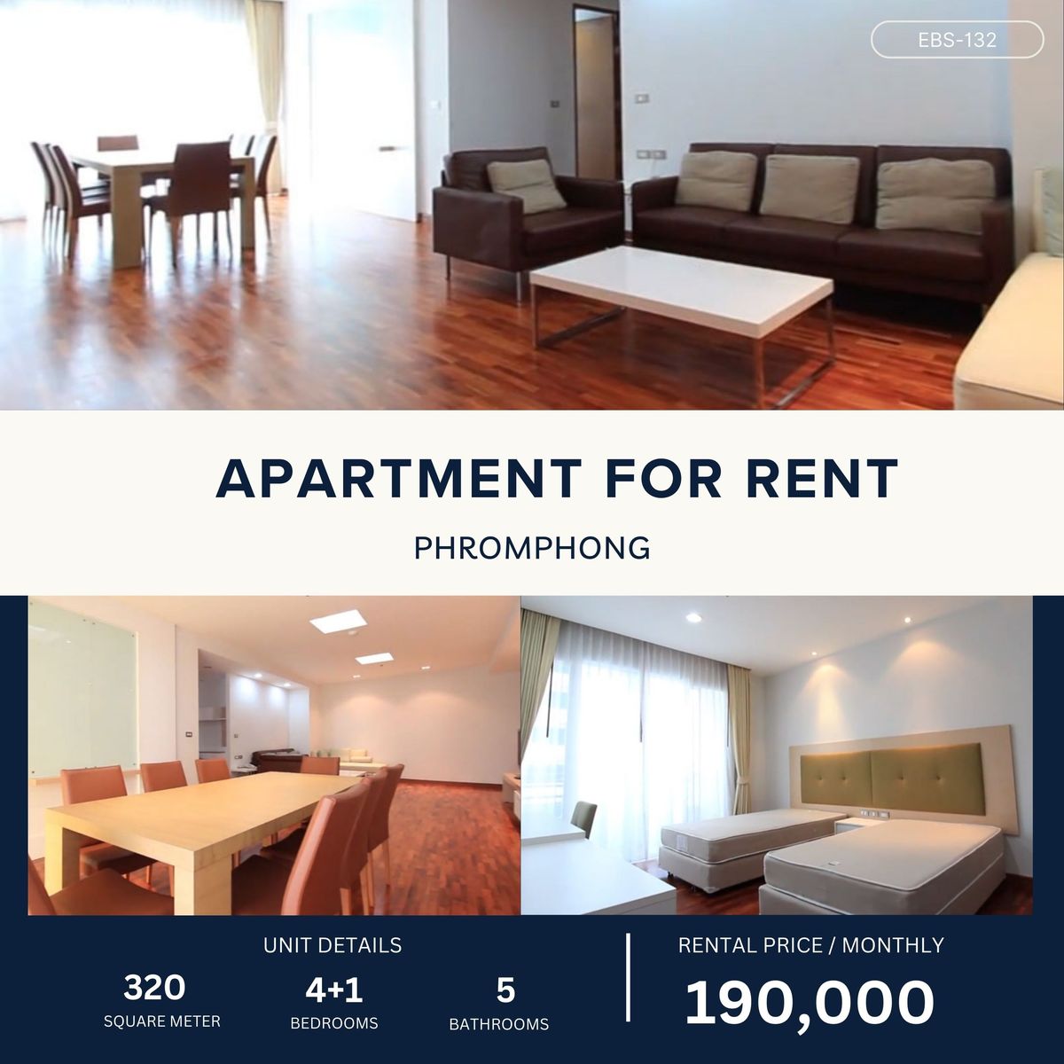 For RentSukhumvit, Asoke, Thonglor : Big-Sized Apartment in Phromphong 4+1 Bed 320 SQM 190,000 Per Month