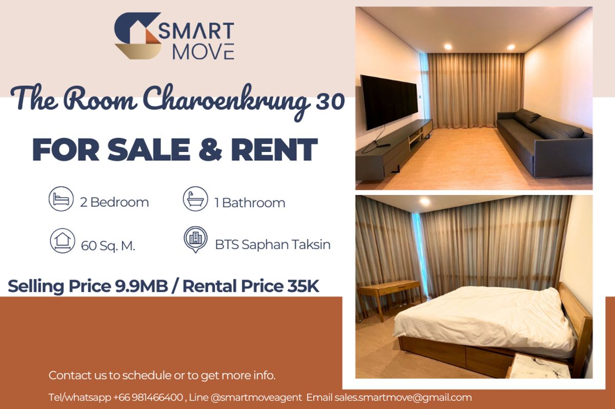 คอนโดสาทร นราธิวาส : 🔥 สำหรับขาย - เช่า !!  🔥 Code C20230109694..........The Room Charoenkrung 30, 2 ห้องนอน, 1 ห้องน้ำ, ชั้นสูง 21++, แต่งครบ, พร้อมเข้าอยู่, ราคาพิเศษ!!📣📣