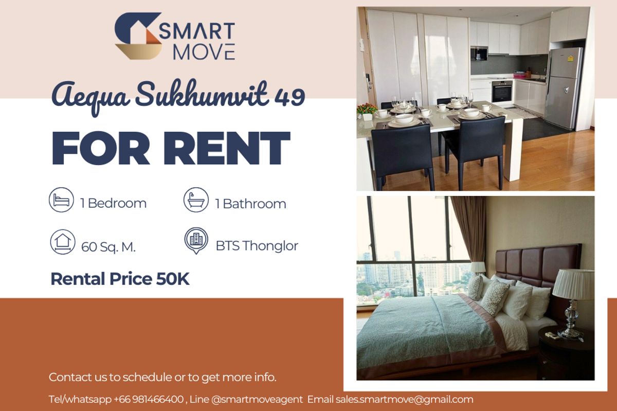 For RentCondoSukhumvit, Asoke, Thonglor : 🔥For Rent !!🔥 Code C20250500009..........Aequa Sukhumvit 49, 1 bedroom, 1 bathroom, furnished, high floor 27++, ready to move in 📣📣