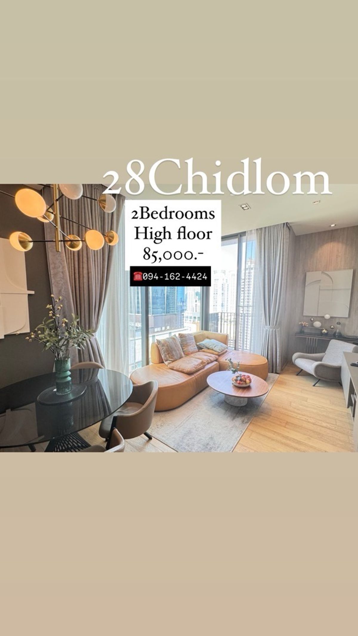 For RentCondoWitthayu, Chidlom, Langsuan, Ploenchit : 28 Chidlom 2Bedrooms * High Floor * 🔥Spe Color 85,000🔥 ☎️Call Now: 094-162-4424