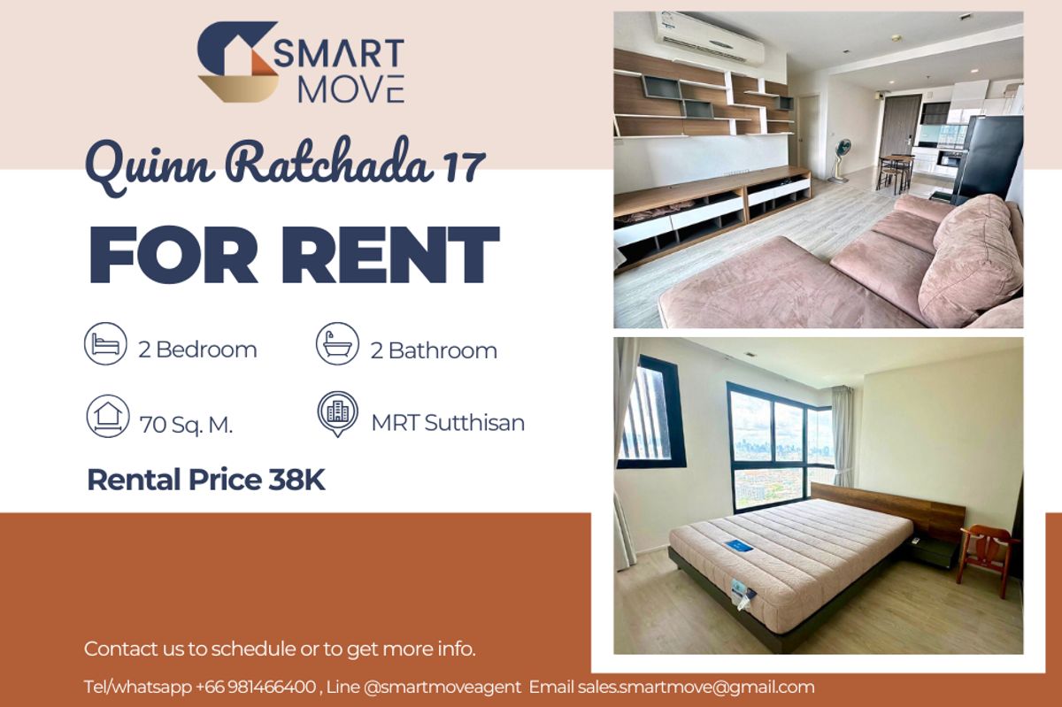 For RentCondoRatchadapisek, Huaikwang, Suttisan : 🔥 For Rent !! 🔥 Code C20250500063..........Quinn Ratchada 17, 2 bedroom, 2 bathroom, high floor 26++, city view, South Facing, furnished, ready to move in 📣📣