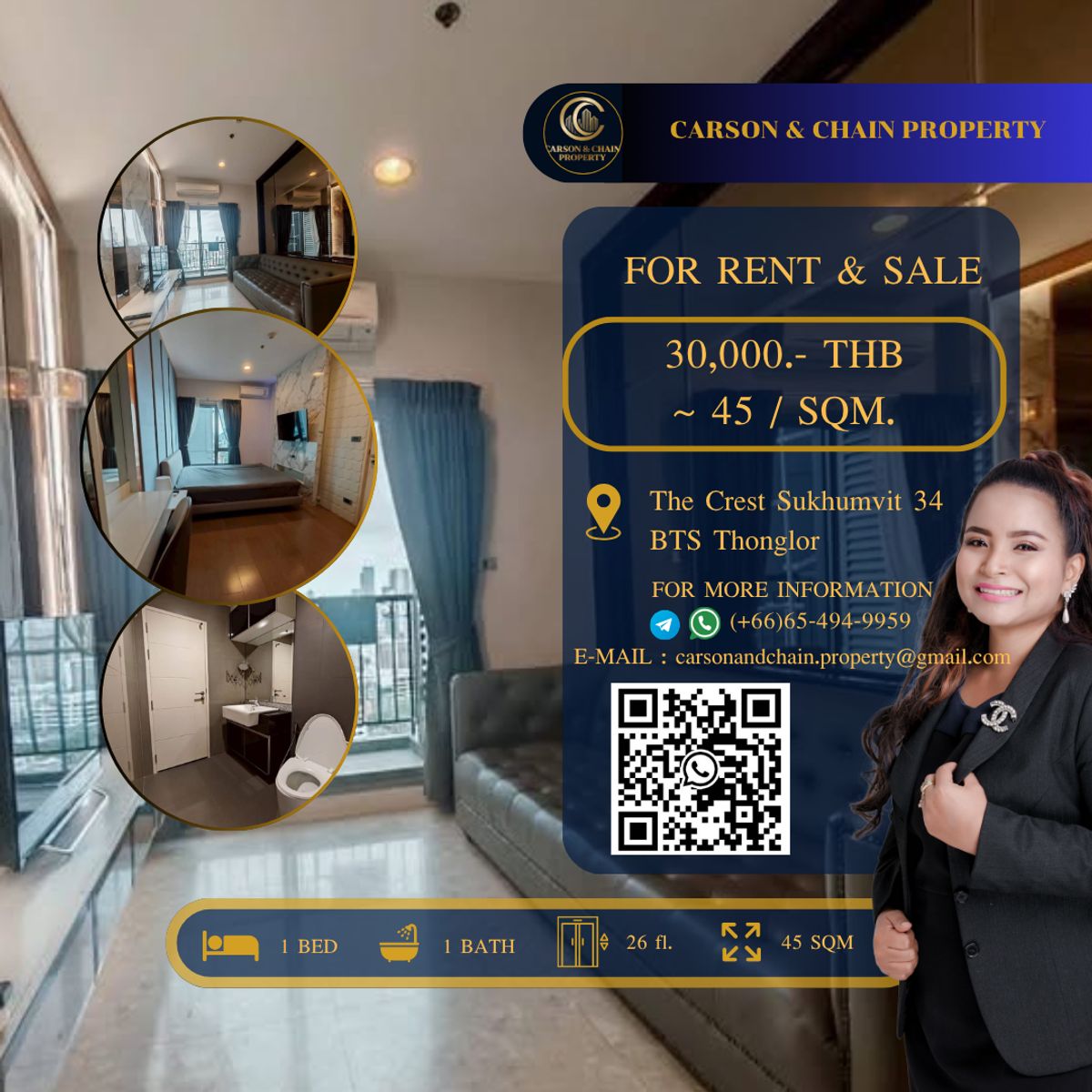 ให้เช่าคอนโดสุขุมวิท อโศก ทองหล่อ : The Crest Sukhumvit 34