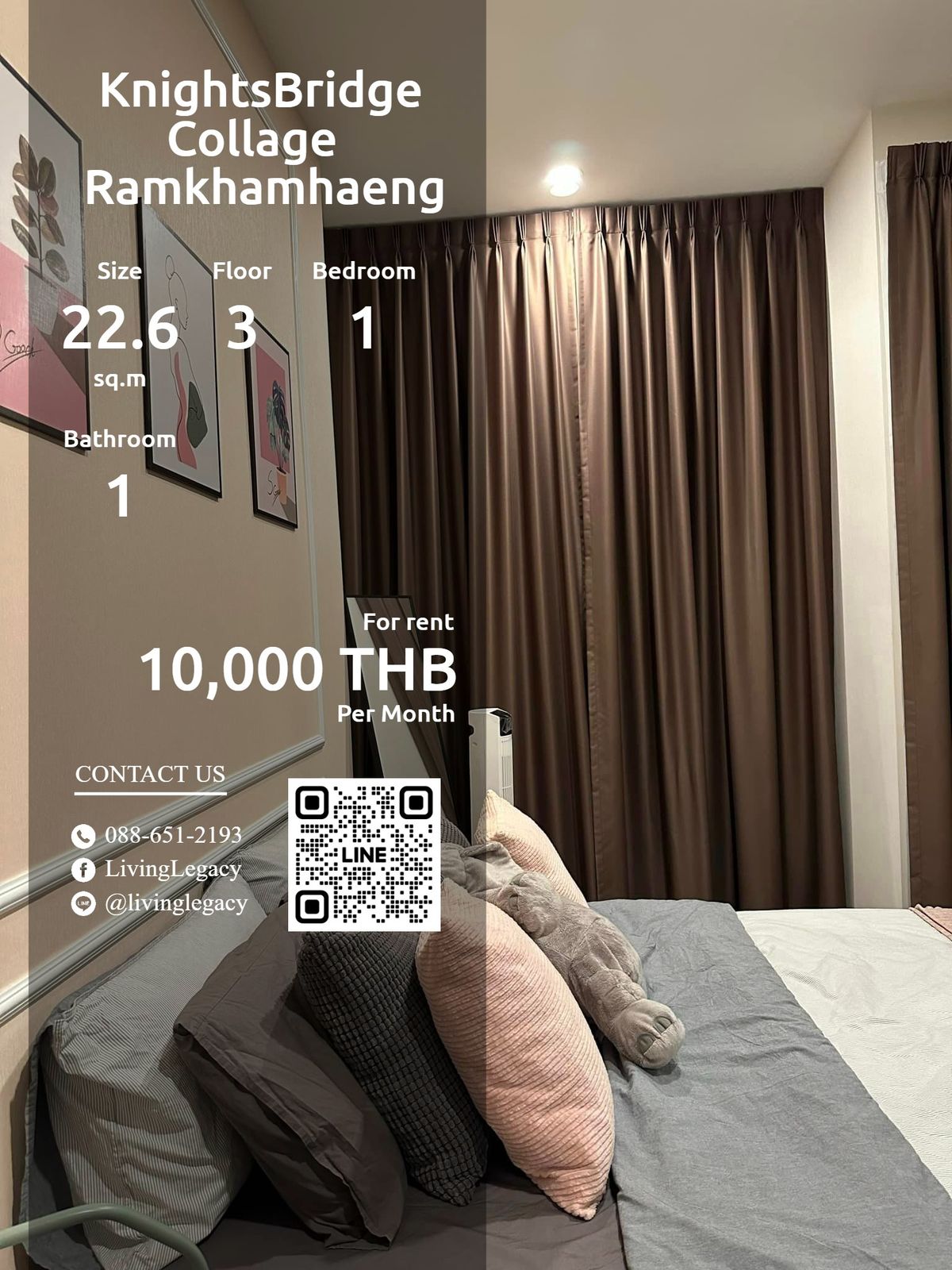 For RentCondoRamkhamhaeng, Hua Mak : SGLOER Condo for Rent Knightsbridge Collage Ramkhamhaeng 22.68 sq.m., 3rd floor, Line ID: @livinglegacy