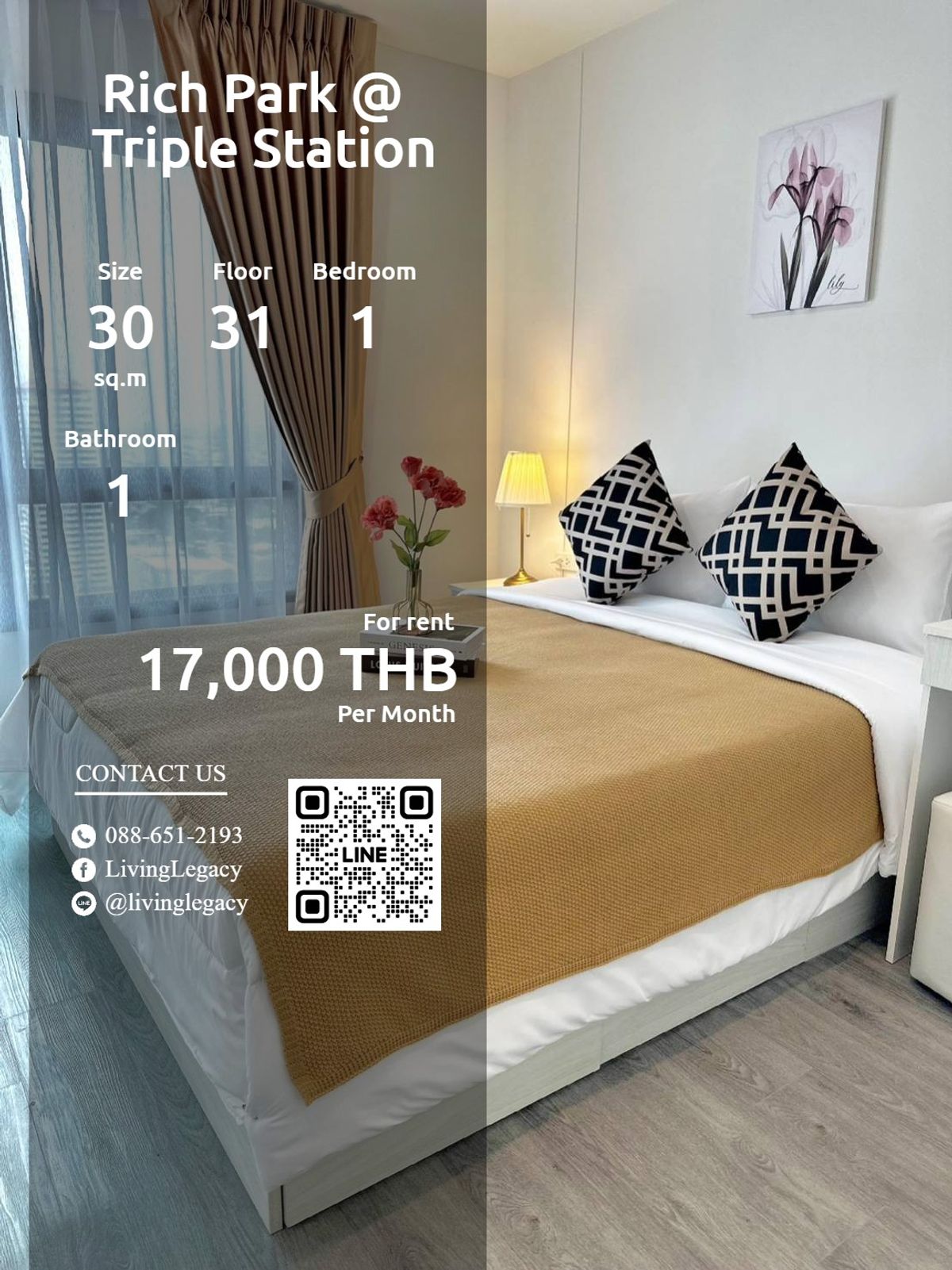 For RentCondoPattanakan, Srinakarin : SGK2B1 Condo for Rich Park @ Triple Station 30 sq.m. Floor 31 Line ID: @livingLegacy