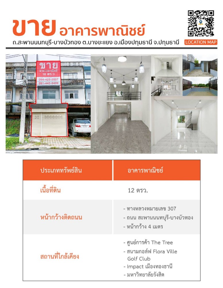 For SaleShop HousePathum Thani,Rangsit, Thammasat : Commercial building for sale I, newly decorated, I 1 unit, width 4 meters, building on the main road I CALL: 094-425-2897